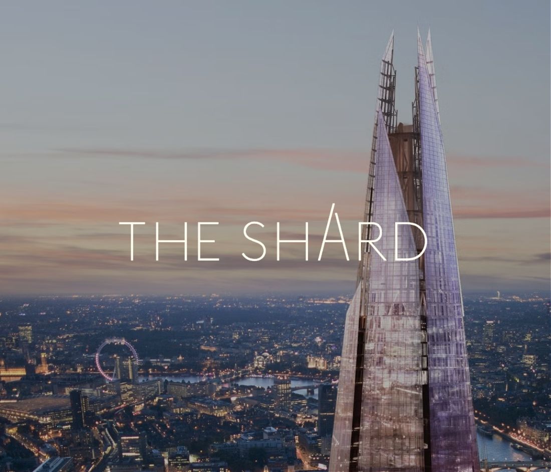 The Shard's logo superimposed on an aerial image of the top of the Shard at sunset.