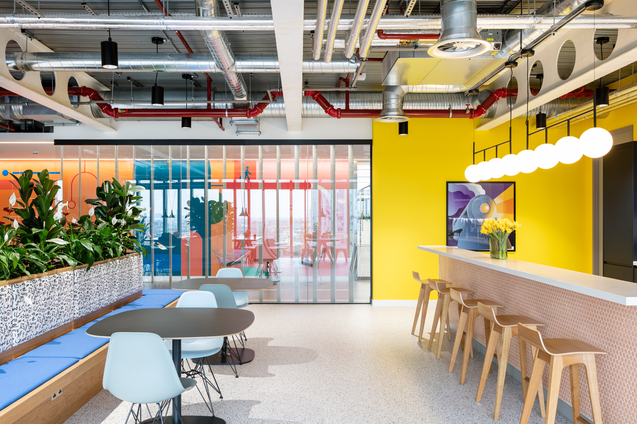 Travelfusion vibrant teapoint with bespoke lighting, and artistic features.