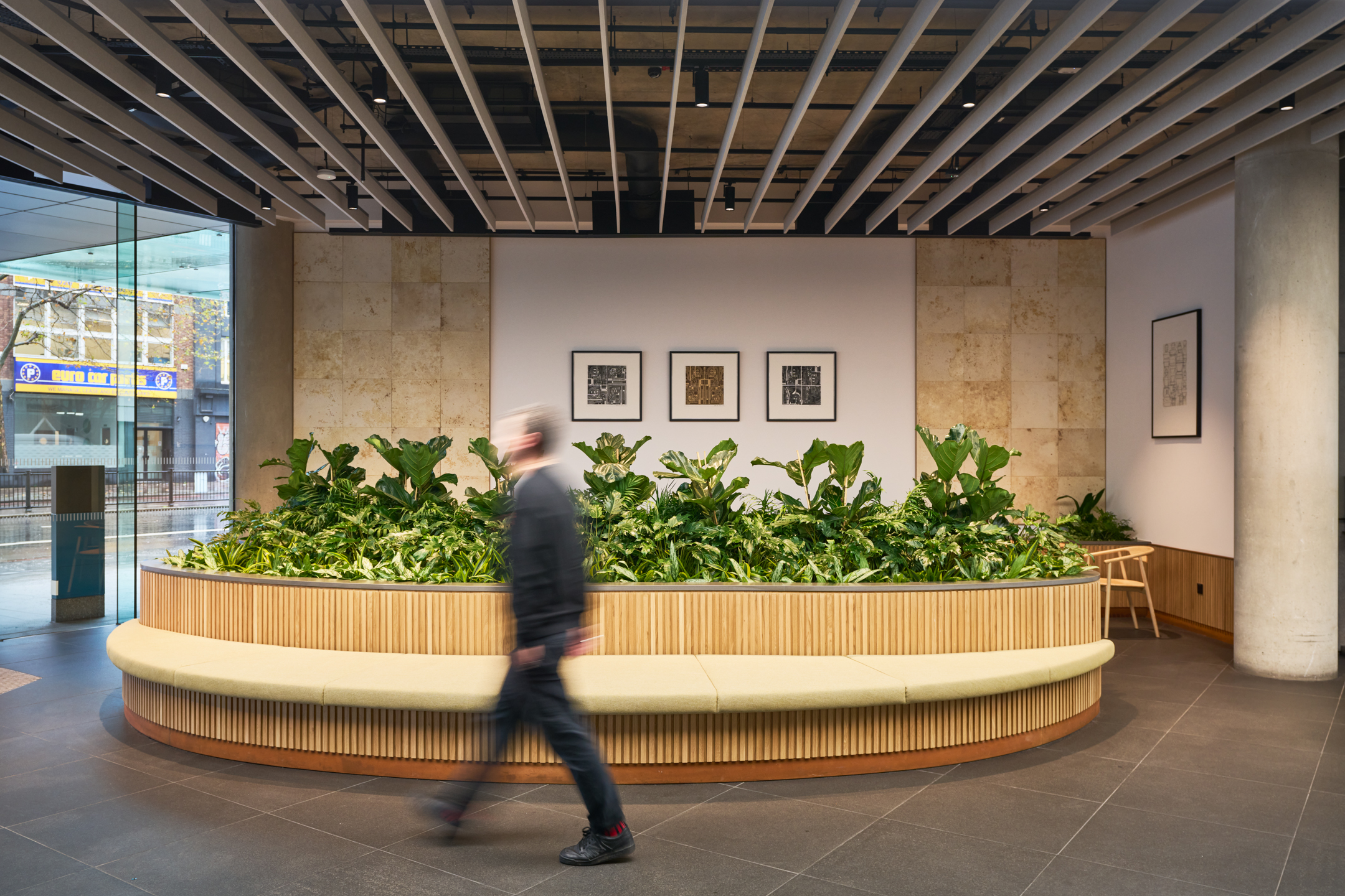 The entrance lobby at 350 Euston Road features a large curved reception desk surrounded by lush green plants, set against a backdrop of natural stone walls and framed artwork. The design by Modus incorporates modern elements like a sleek ceiling with linear lights, enhancing the welcoming ambiance.