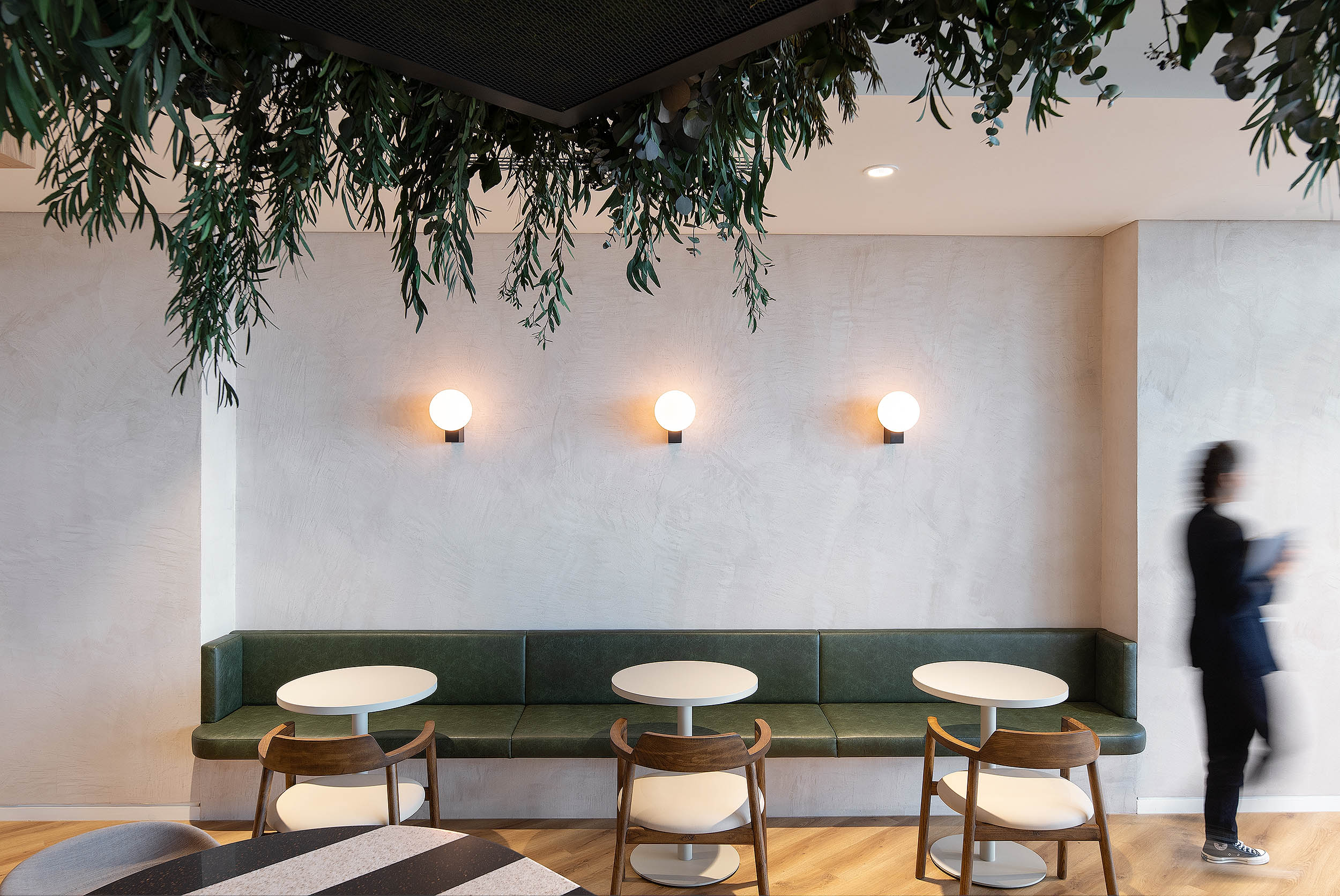 A comfortable breakout area in AMC Group’s office with minimalistic furniture and greenery hanging overhead.