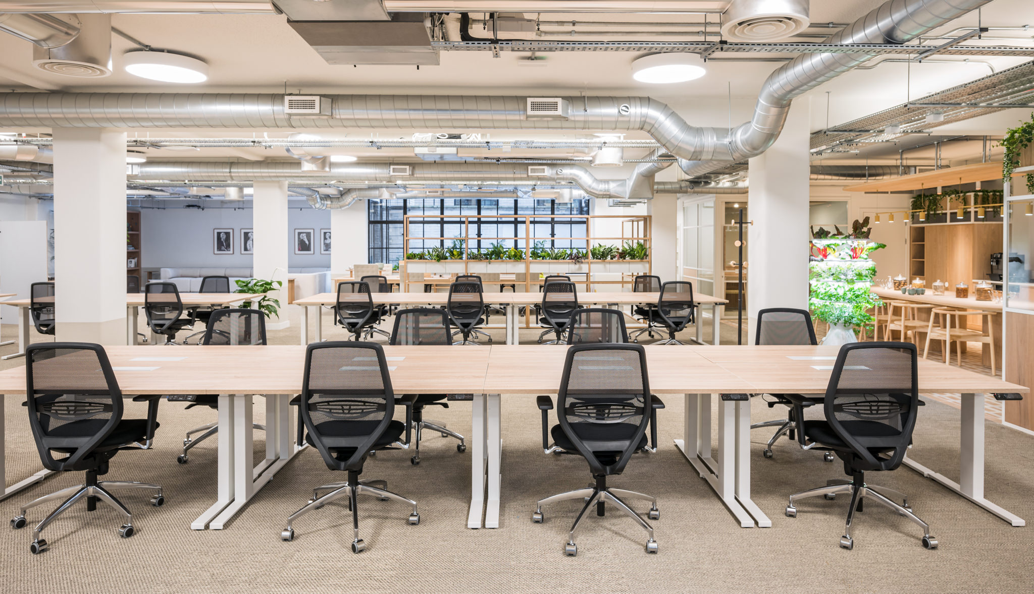 Fora Wells Mews open plan workspace, a very open and airy space featuring an exposed ceiling, black office chairs and light coloured walls and aesthetics.