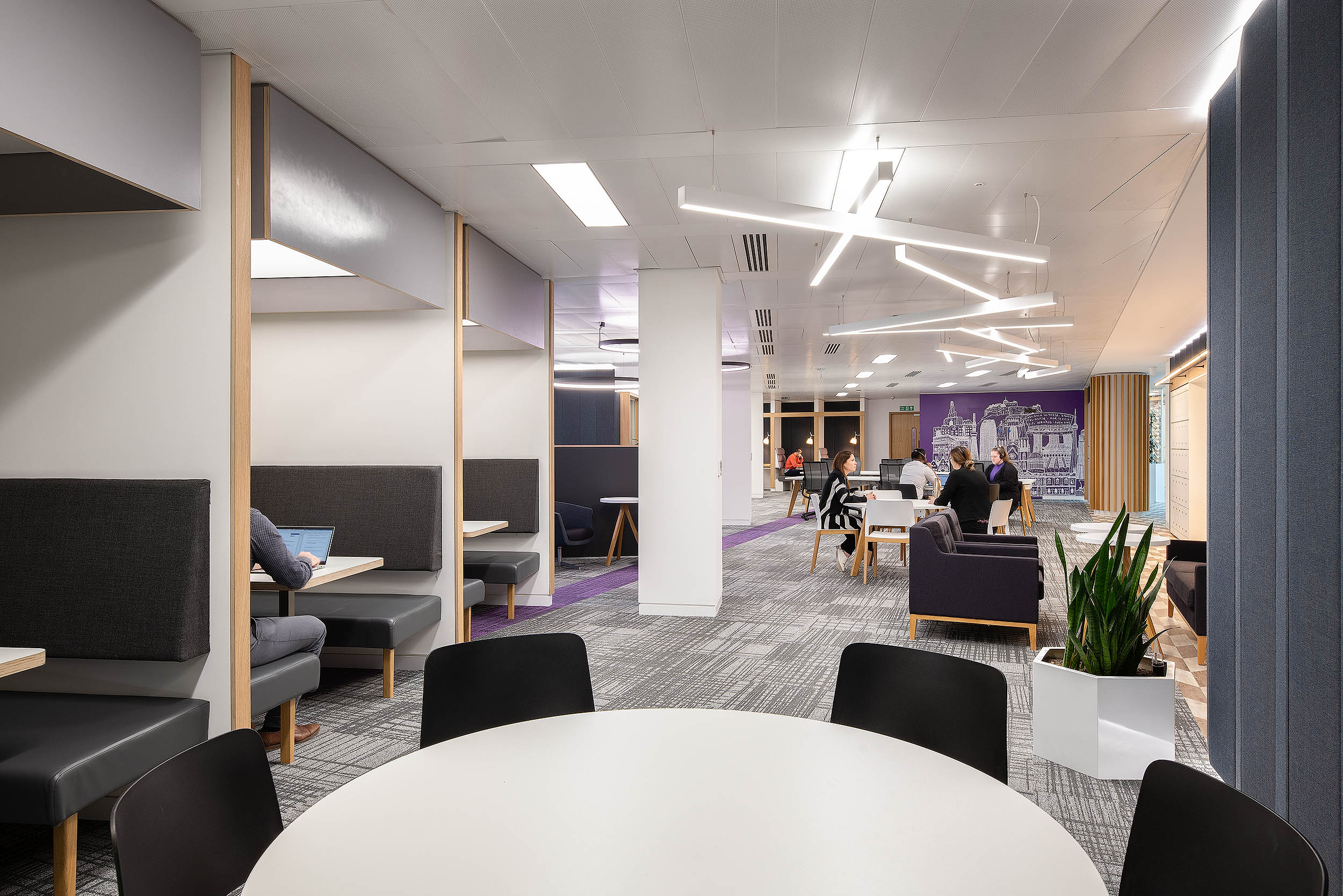 Various working areas and enclosed work booths at RICS have cushioned seating, grey panels, wood accents, and individual desk spaces.