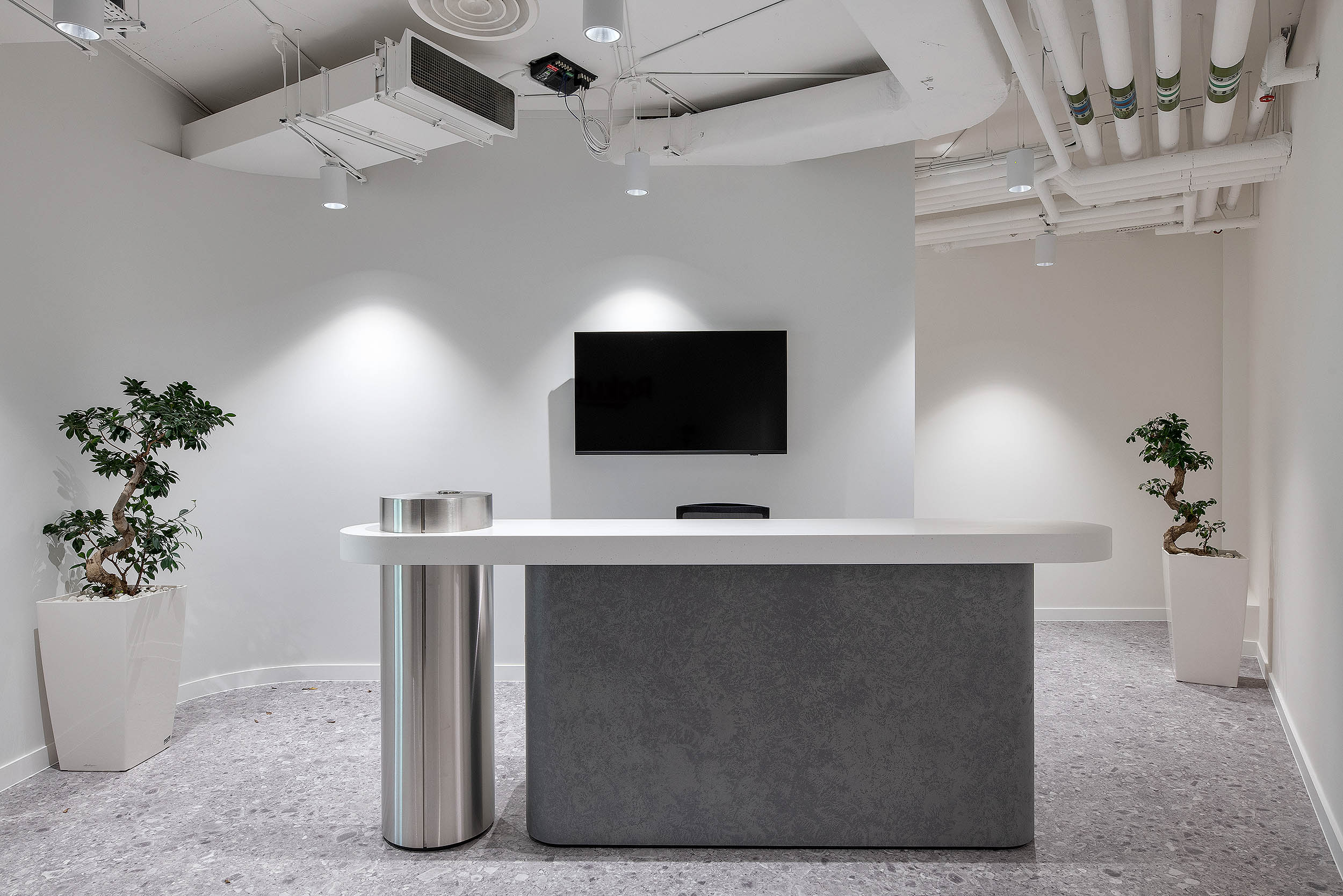 Open white space at Rakuten with marble tile island, flooring and white walls. A silver island feature is the highlight of the space, softly decorated by biophilic elements.