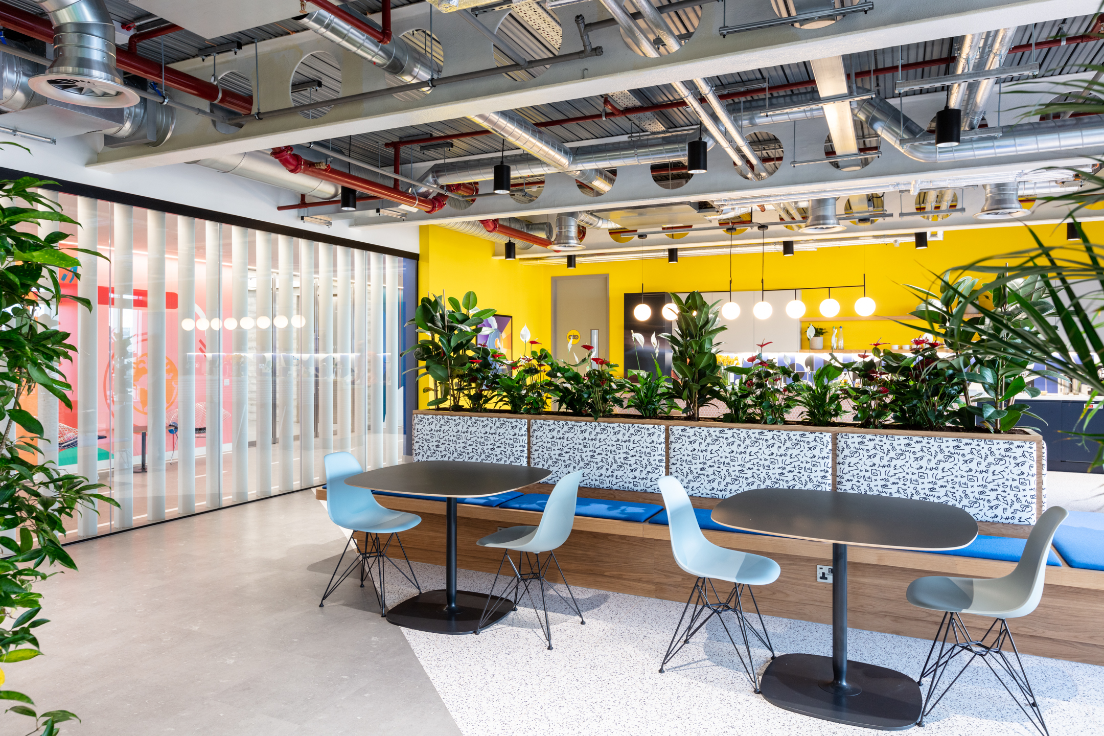Travelfusion’s modern teapoint featuring a yellow wall, blue seating area and lush greenery to separate the open plan space.