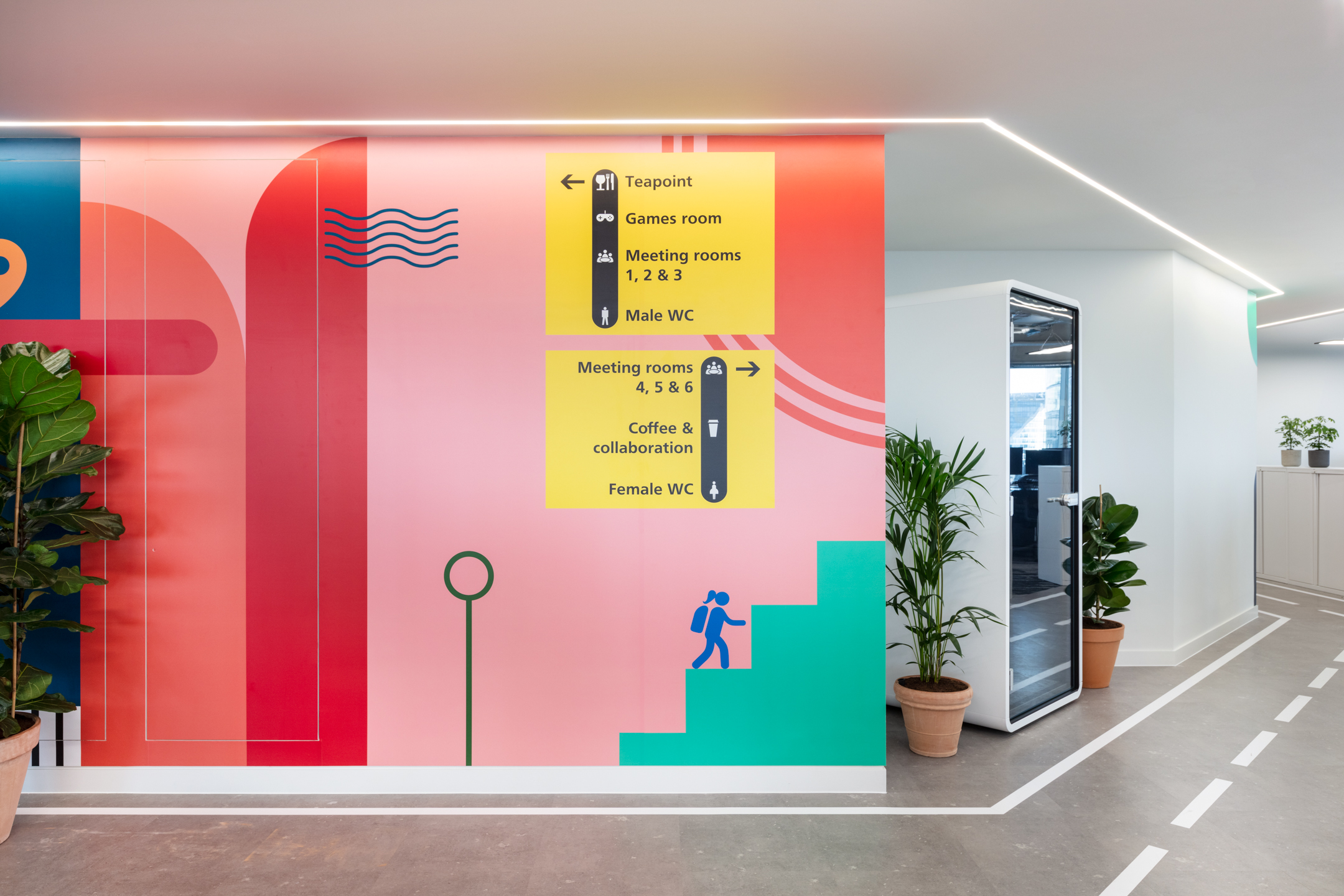Colourful wayfinding signage on a bright, modern wall at Travelfusion's Modus-designed workspace. The design blends playful graphics with practical navigation to create an engaging and functional office environment