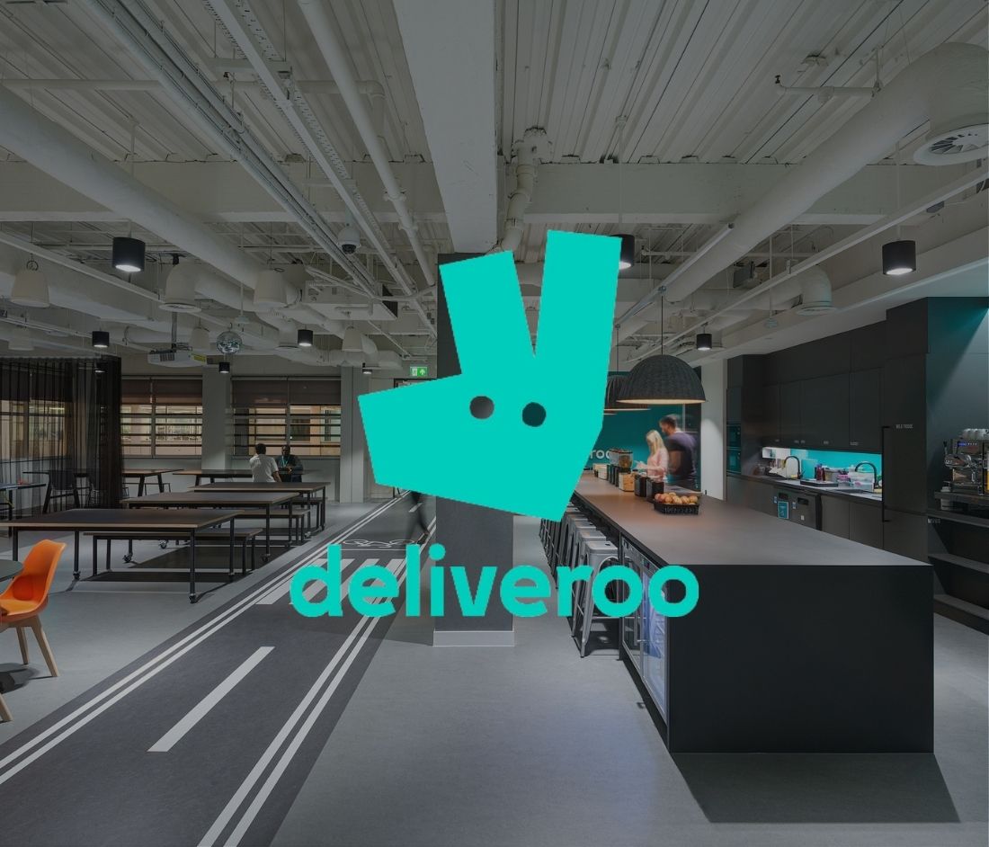 Deliveroo's logo superimposed on an image of their new London Office Fit Out