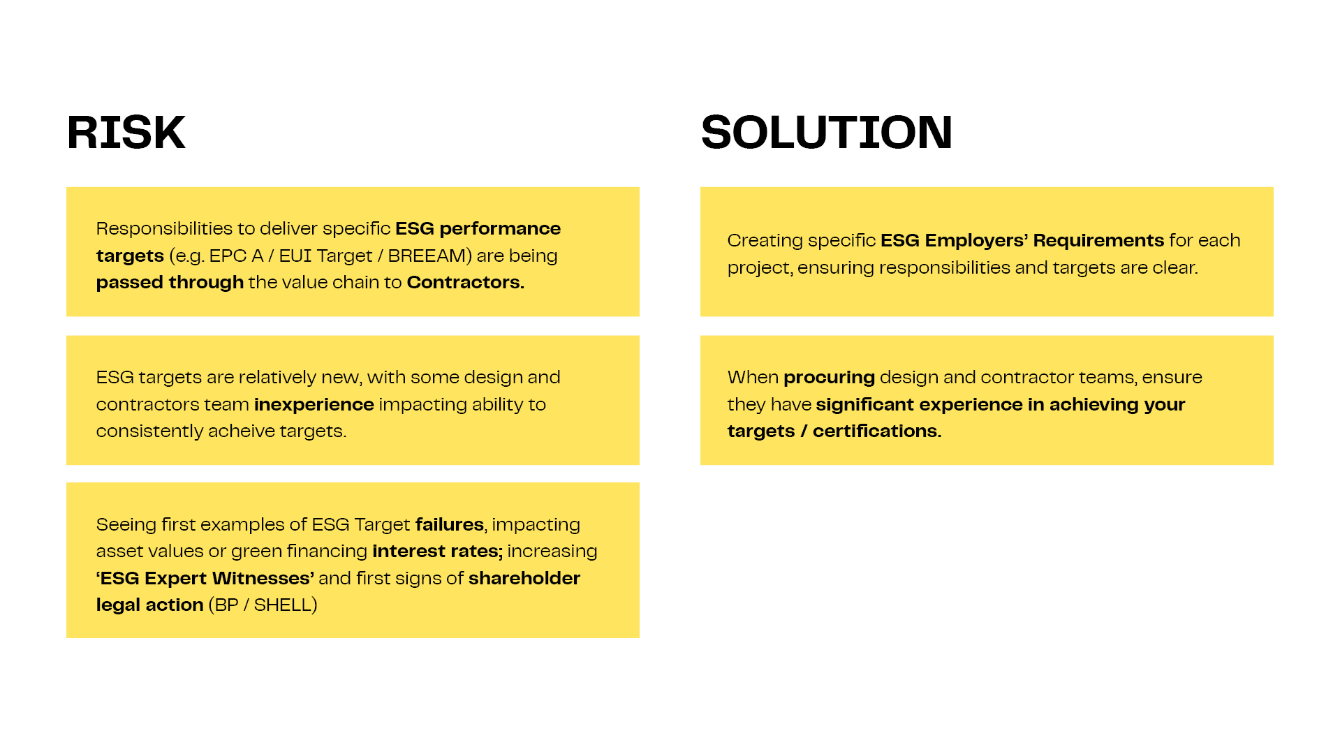 Table comparing ESG risks with solutions. Risks include passing ESG performance targets to contractors, inexperience in achieving targets, and failures impacting asset values. Solutions involve creating specific ESG employer requirements and ensuring experienced teams are procured.