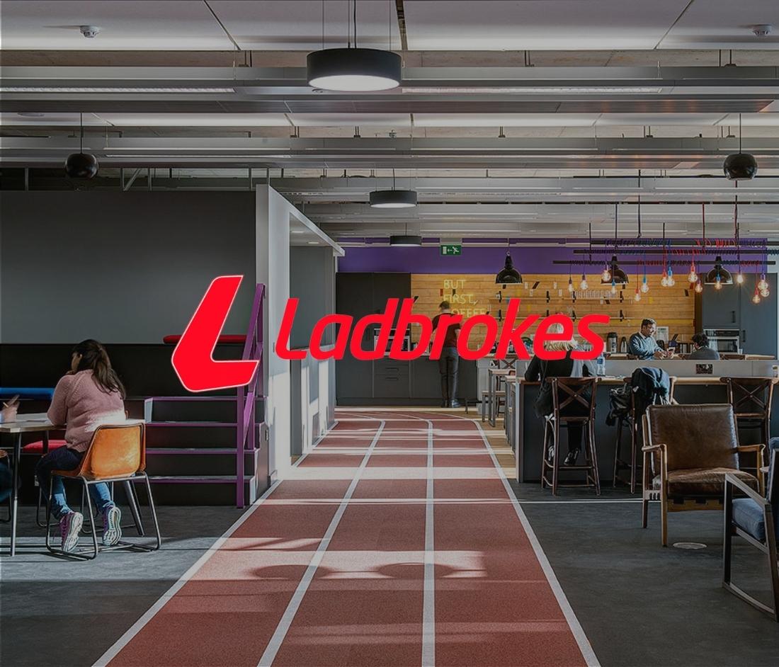 Ladbrokes' logo superimposed on an image of their new office fit out.
