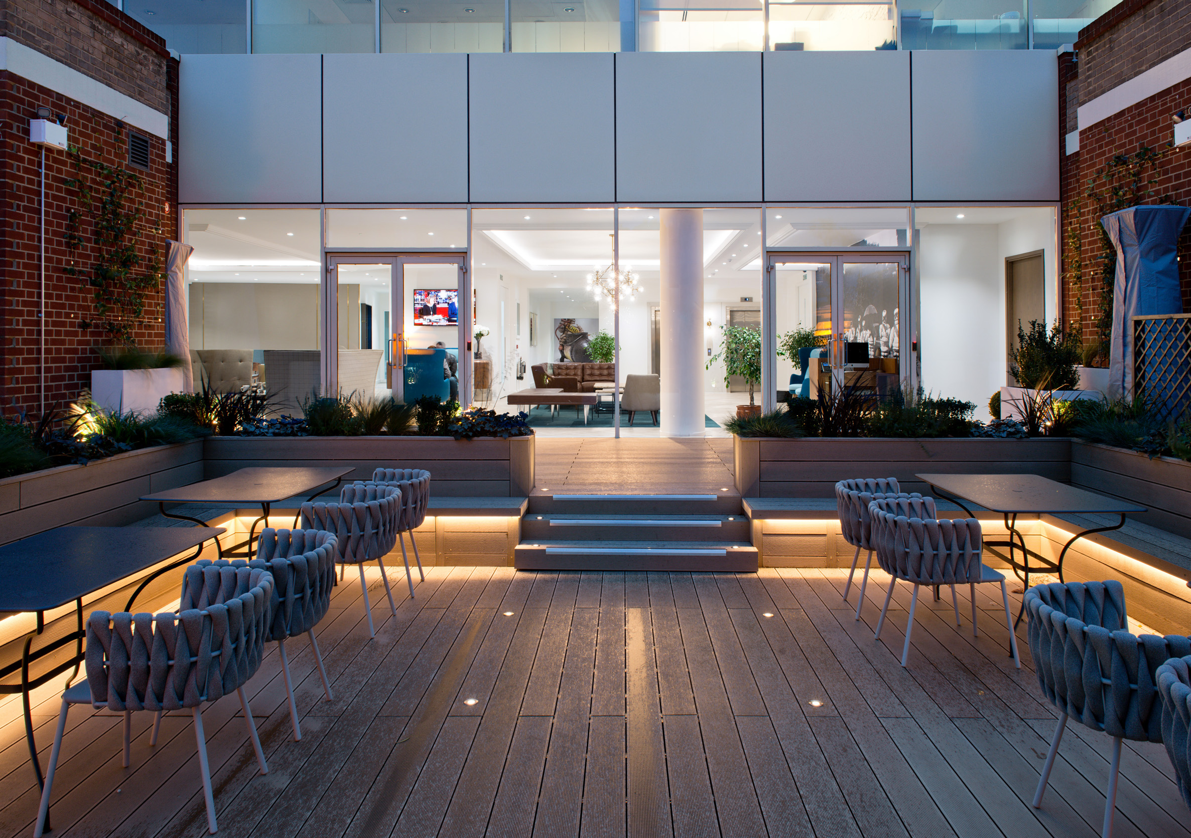 Private outdoor terrace at LEO’s Michelin House, a key feature of the 27,000 sq ft office refurbishment.