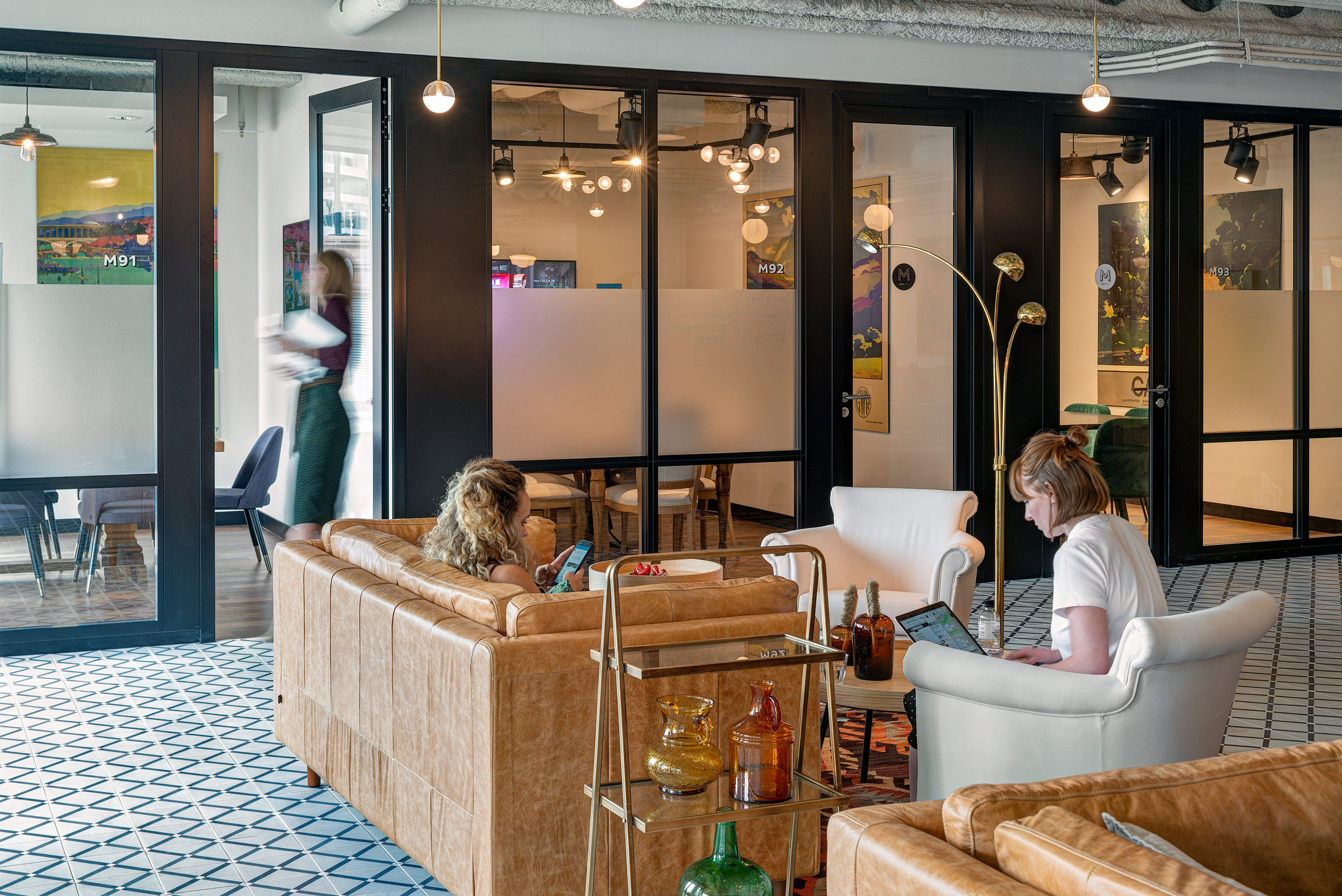 Mindspace Appold Street cosy seating area near glass office partitions and floor tiles.
