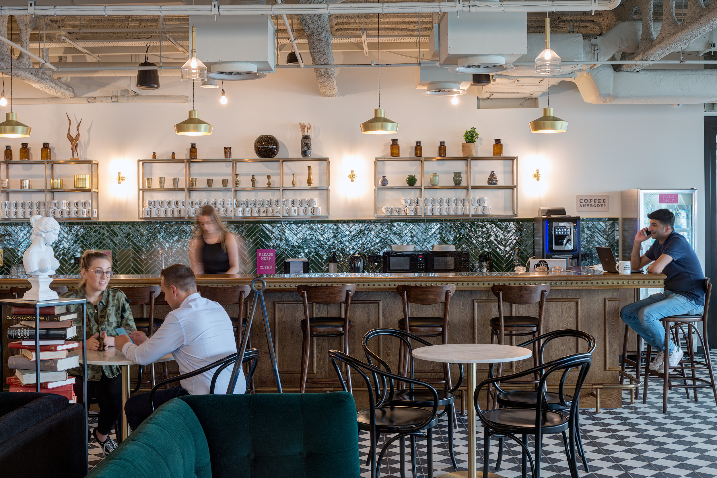 Mindspace Appold Street's teapoint coffee bar area with stools and vintage décor, designed by Modus Workspace