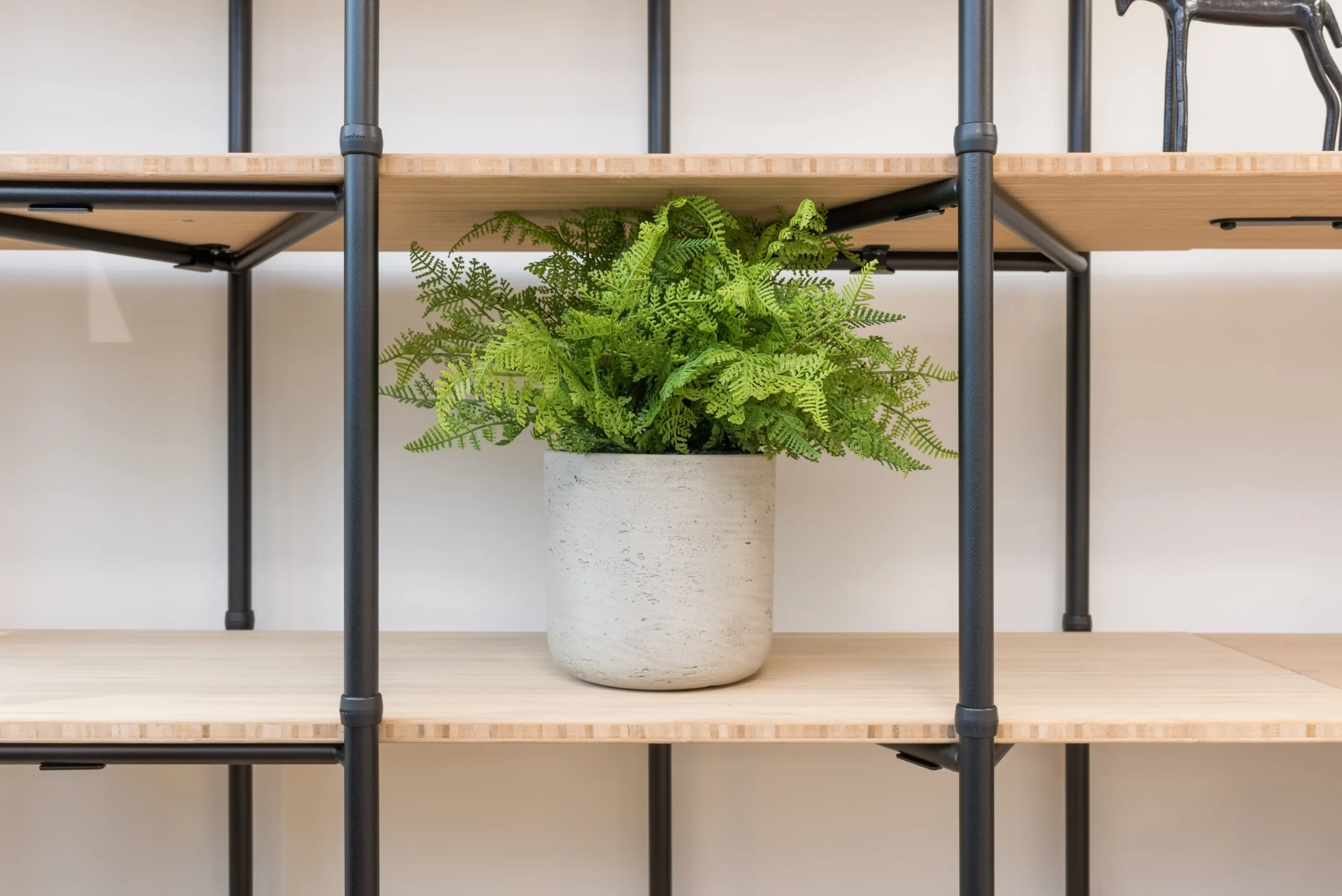 London & Oriental's close-up of the Frovi bamboo shelving unit, showcasing a potted green plant on a light wooden shelf with black metal framing.