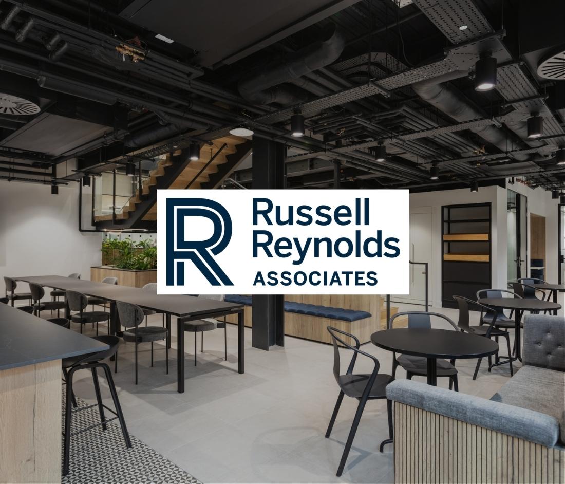 Russell Reynold's logo superimposed on an image of their new Office Fit Out.