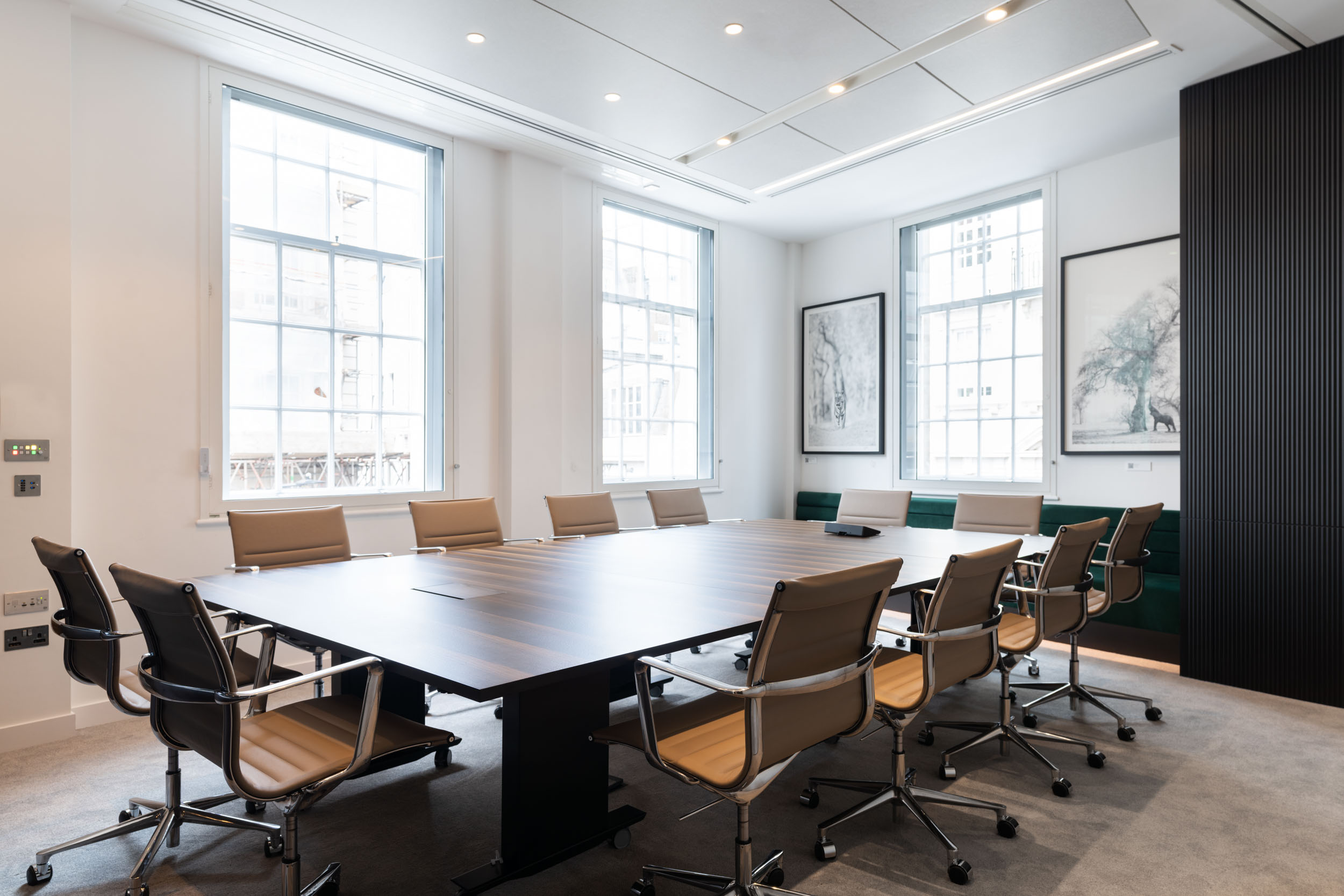 Sophisticated meeting room in the Weatherbys office, equipped with modern technology and stylish seating to facilitate productive discussions.