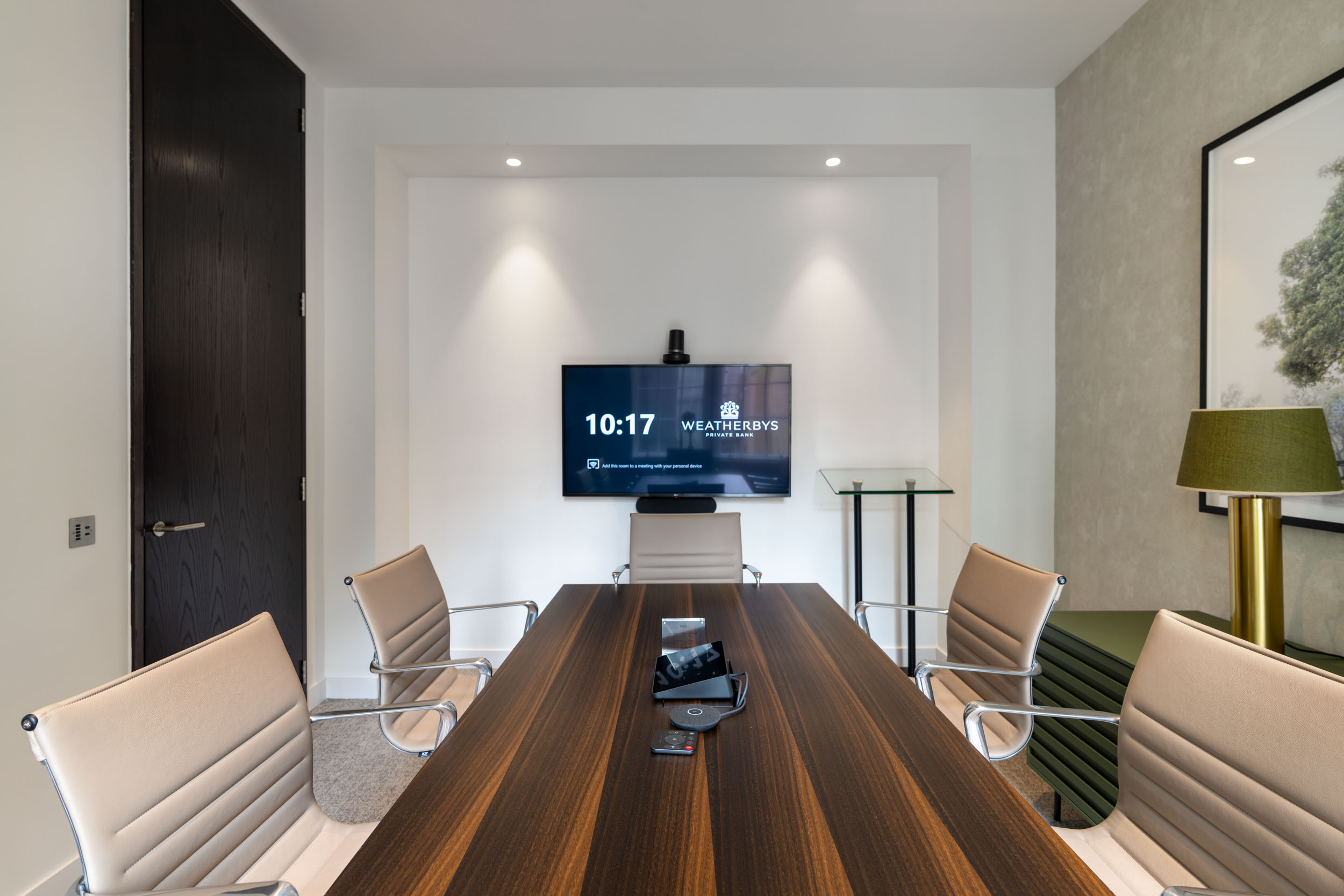 Private meeting room in the Weatherbys office with modern furnishings and advanced technology for focused discussions.