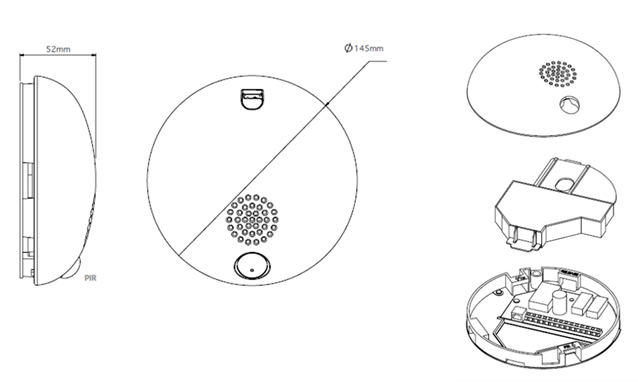 Technical diagrams of a sensor device showing dimensions, front view, and internal components for building monitoring systems.