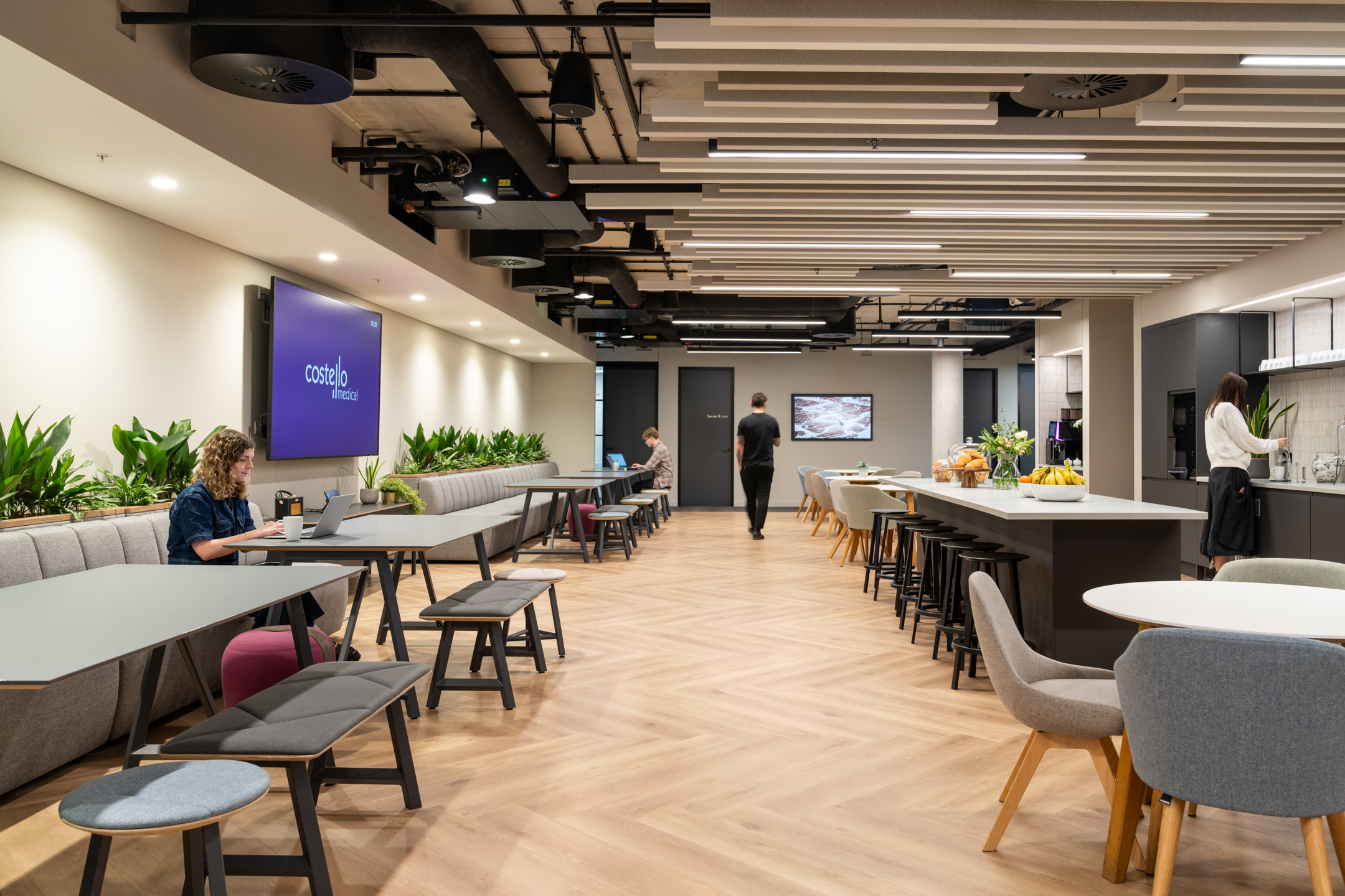 Costello Medical teapoint seating area with plotted plants, overhead LED lighting and large screens.