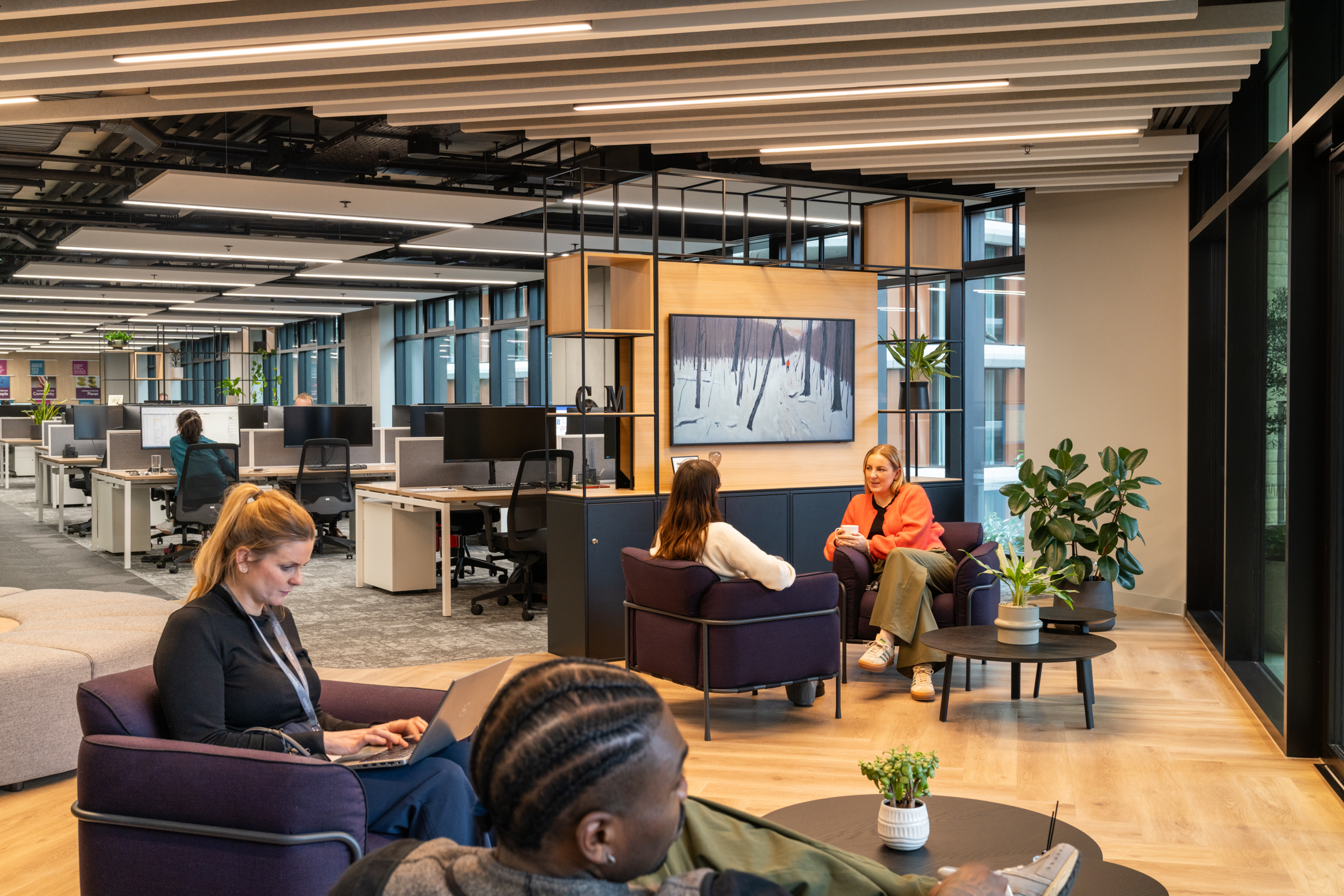 Costello Medical open plan workspace with purple soft seats, biophilic plants and screens.