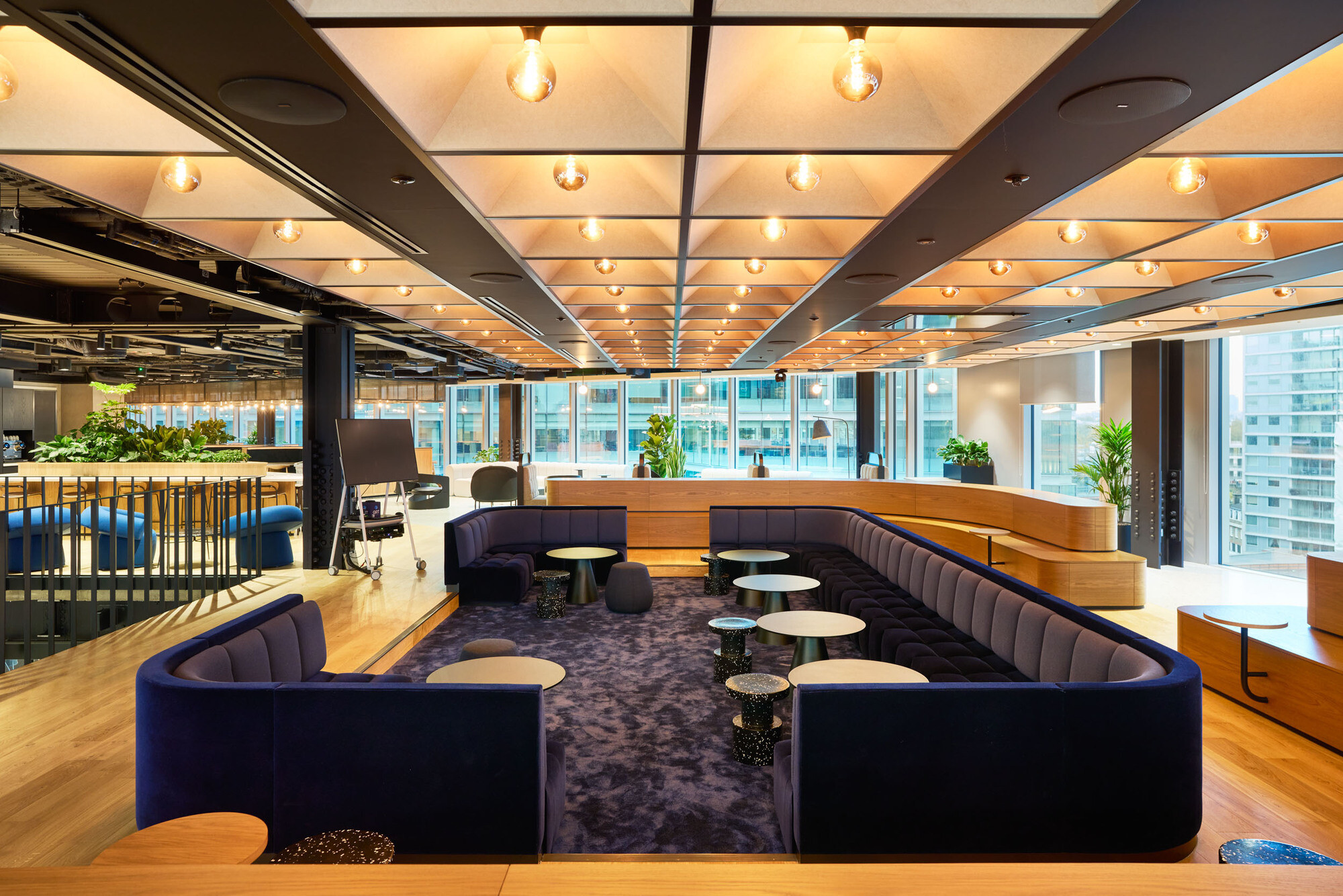 International Technology and Data Firm lounge, with overhead warm spotlight features, a large purple rounded couch, and plotted plants along the window walls.