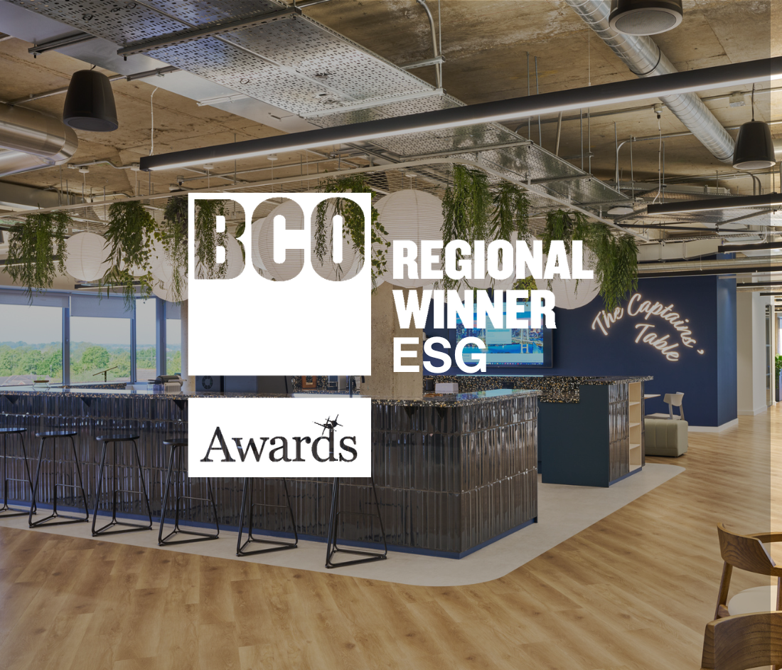 Nomad Foods wins BCO ESG Regional Award 2025. Modern workplace with exposed ceilings, recycled materials, and The Captain’s Table bar