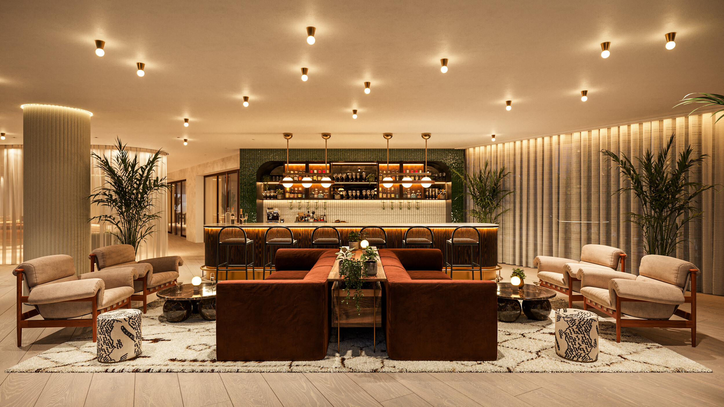 CGI of a stylish bar lounge with velvet seating, curved wood armchairs, and a softly lit back bar framed by green tiles and gold accents, designed for Authentic Brands.