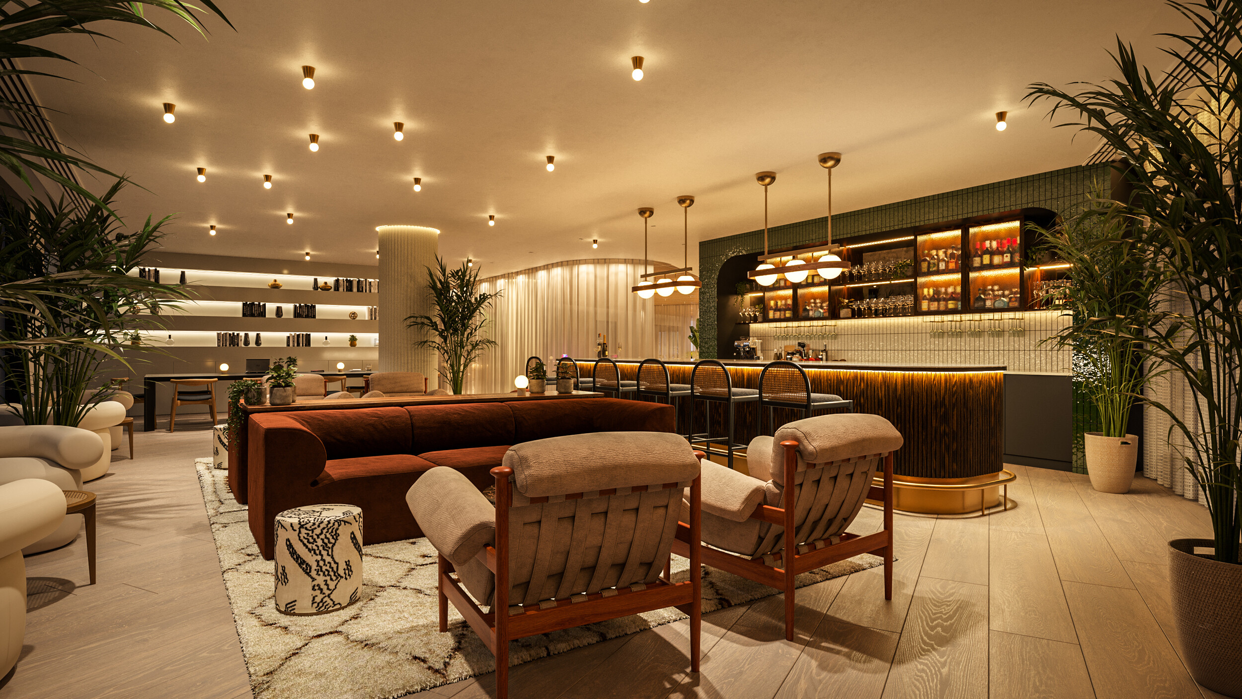 CGI of a warm-toned hospitality lounge with a curved bar, open shelving, rust velvet seating and retro armchairs, styled with plants and soft lighting for Authentic Brands.