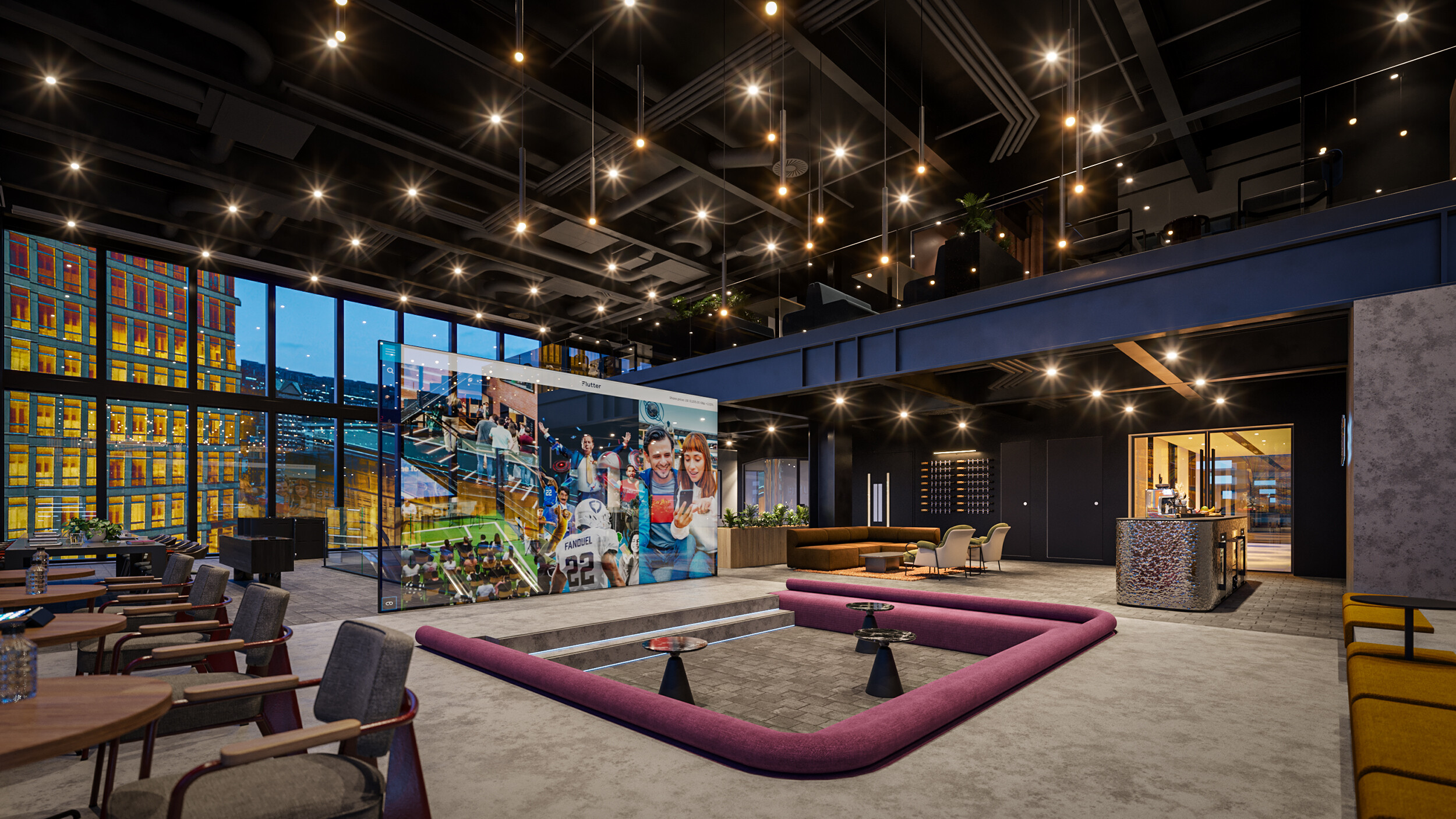 CGI of a double-height office breakout space at night, featuring a tiered sunken seating area in magenta, a digital media wall, and dramatic ceiling lighting with views over a cityscape.