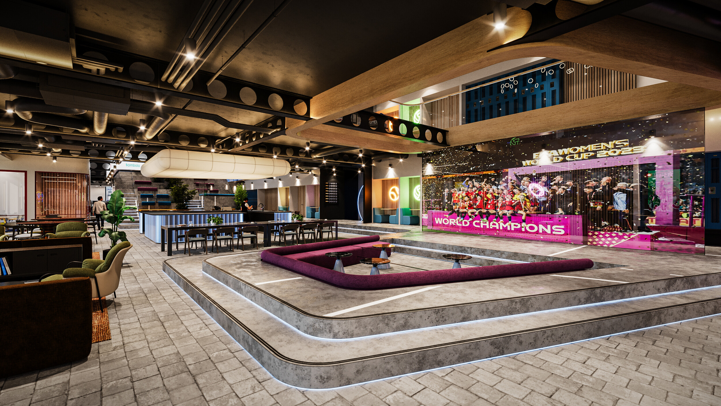 CGI of an open-plan office event space with a stepped concrete platform and purple tiered seating, featuring a Women’s World Cup 2023 media wall and industrial ceiling details.