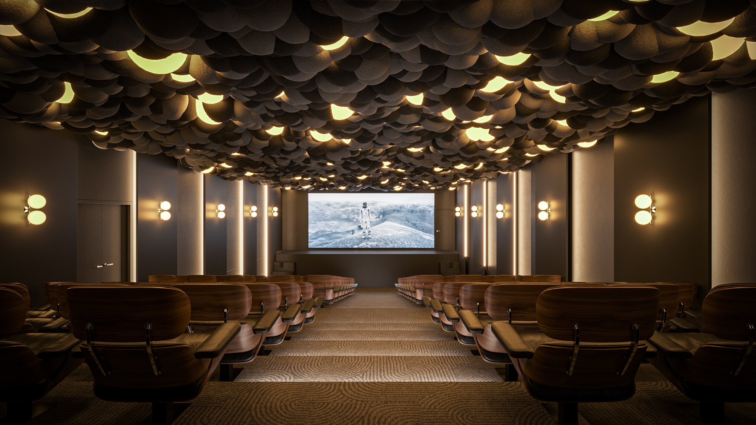 CGI of a cinema-style screening room with retro wood seating, scalloped acoustic ceiling panels with integrated lighting, and a large projector screen displaying a space scene.